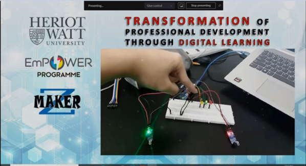Screenshot of a presentation. On left Heriot-Watt, Empower and MakerZ logos. On right text "Transformation of professional development through digital learning' and an image of a circuit board
