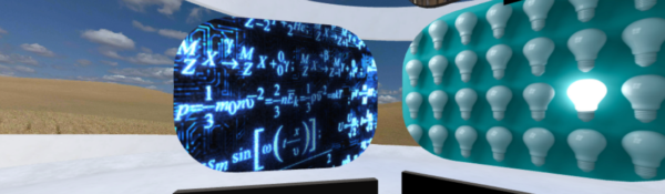 screenshot of the ePALS platform showing virtual reality screen showing mathematical equations and a bank of lightbulbs