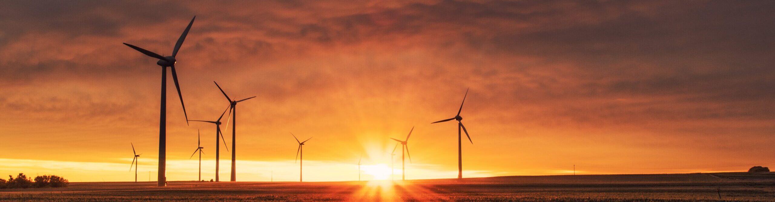 Sunset behind a field of wind turbines